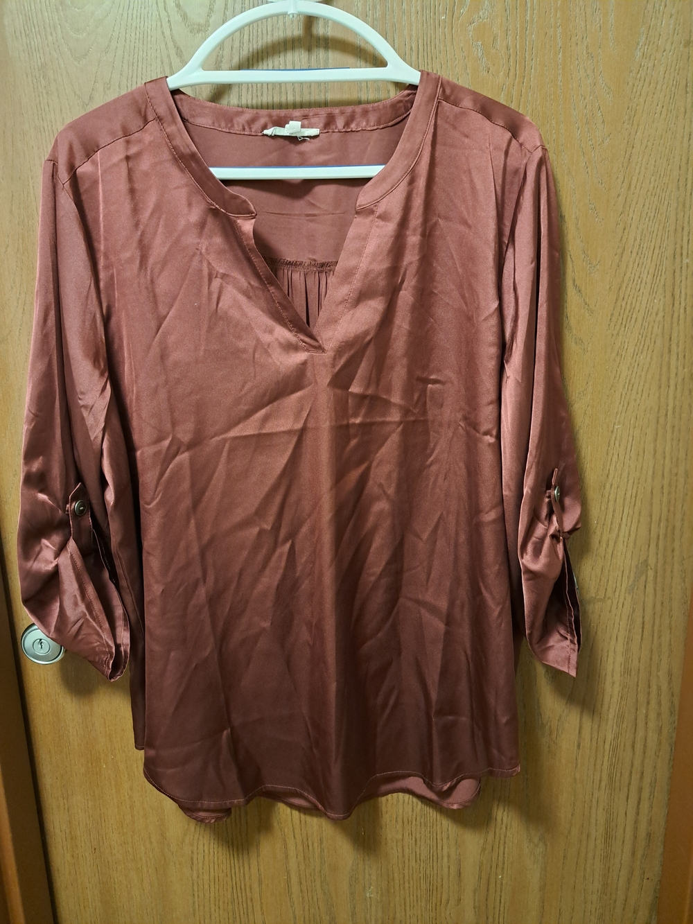 Maurices Satin V-Neck Button-Roll Sleeve Blouse - Rose